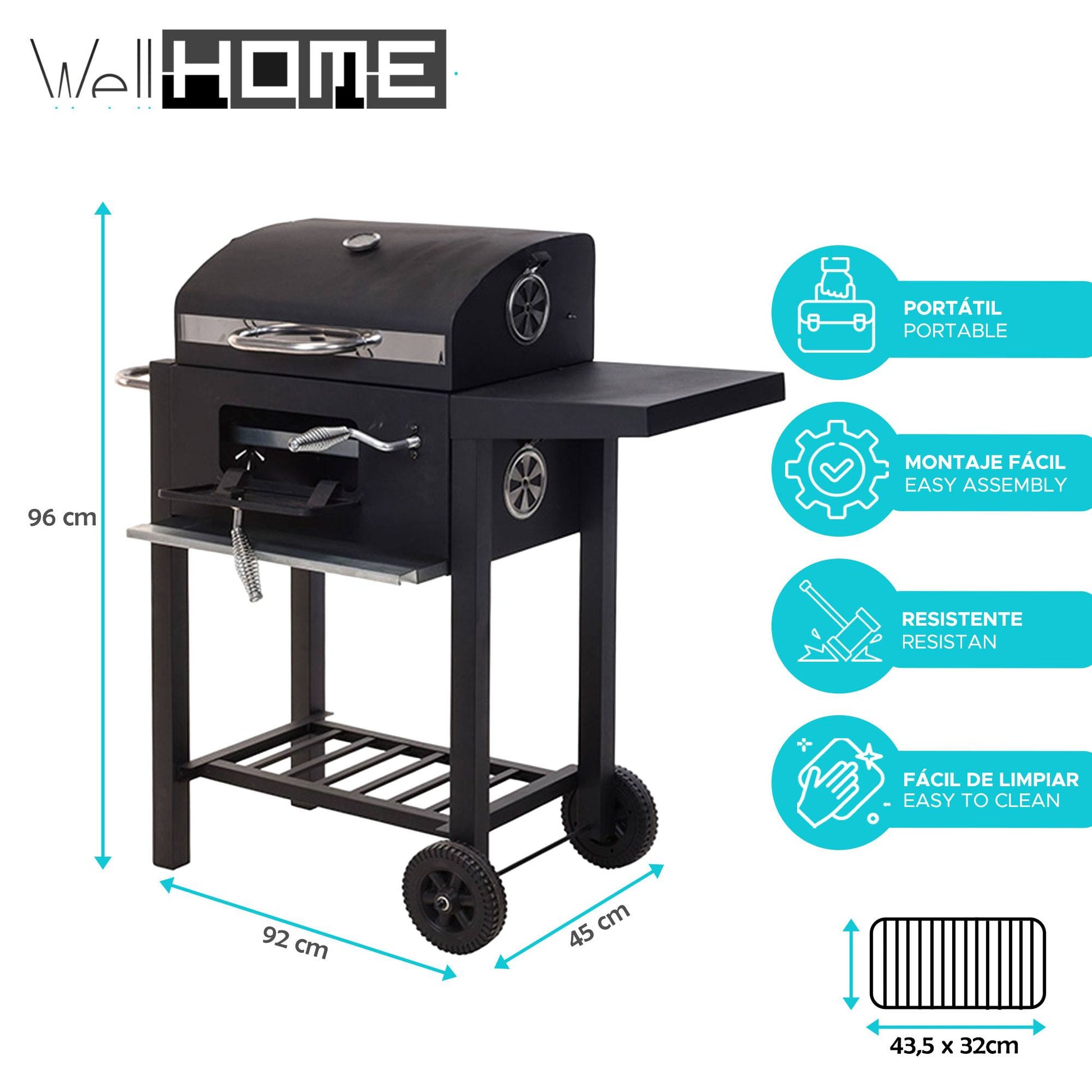 Well Home - Barbacoa Carbón Negra Con Doble Parrilla Y Mesa Auxiliar H.96cm_1