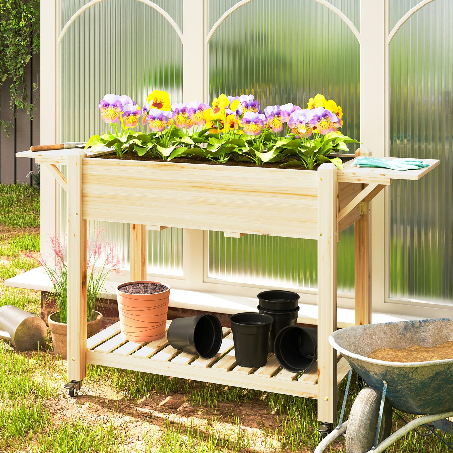 Outsunny Huerto Urbano Con Ruedas Repisas Plegables 145x52x86 Cm Natural_1