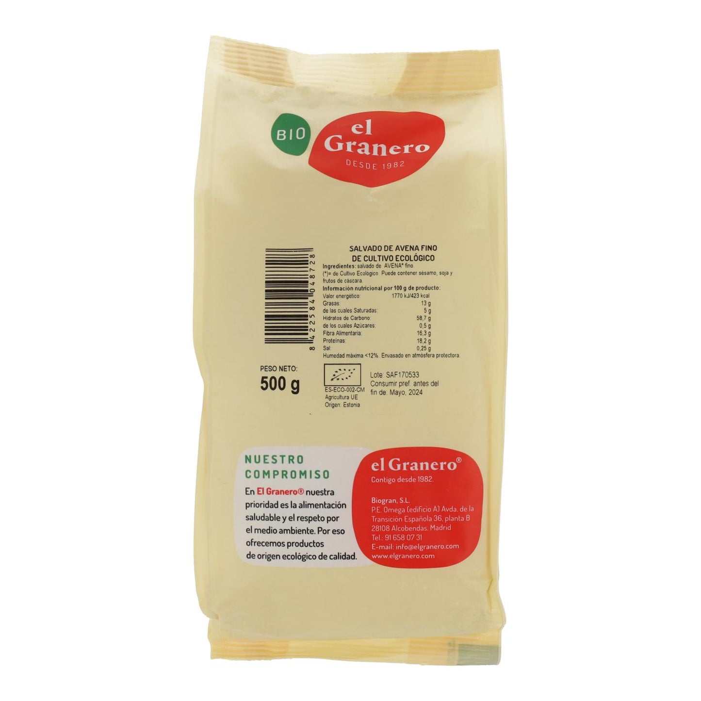 Farelo de Aveia Fino Bio El Granero, 500 Gr