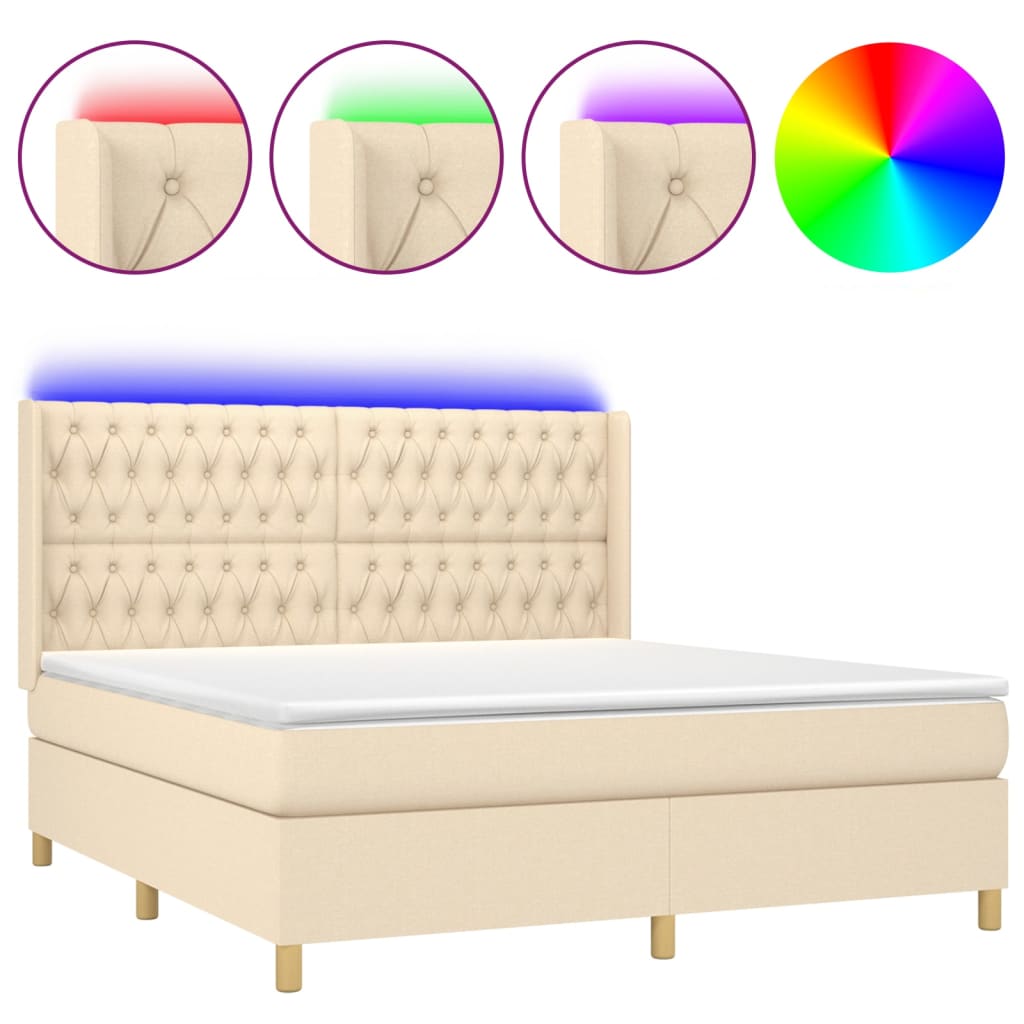 Cama Box Spring Colchón Y Luces Led Tela Crema 180x200 Cm / Vetonek_1
