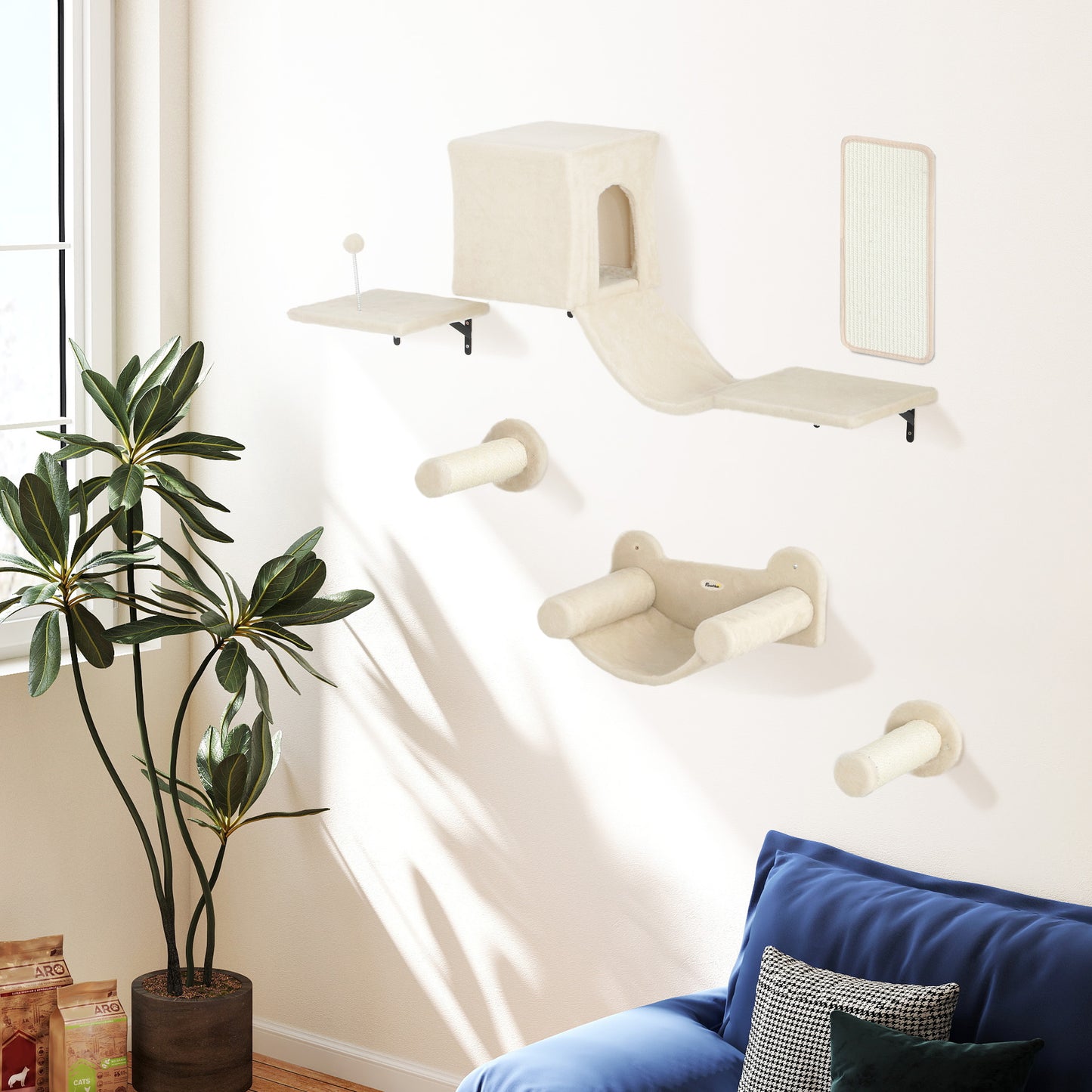 Pawhut Juego De Pared De Escalada Para Gatos 6 Piezas Con Condominio Plataforma_3