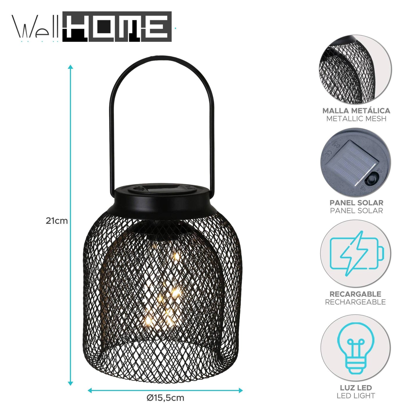 Well Home - Literna Solar De Malla Metálica Con Asa En Color Negro De Ø15,5x21cm_1