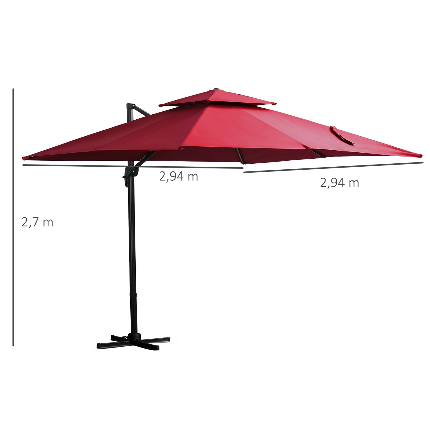 Outsunny Sombrilla De Jardín Ø300 Cm Aluminio Giratorio 360° Con Manivela Rojo_2