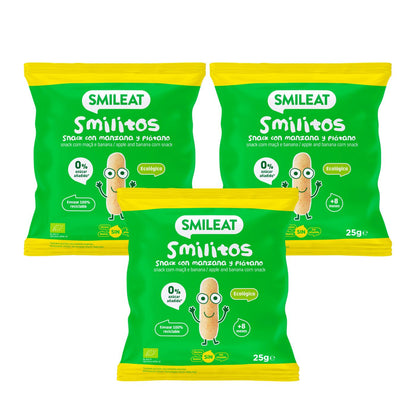 Embalagem de 3 Smilitos, minhocas de maçã e banana, 25g de snack Smileat 