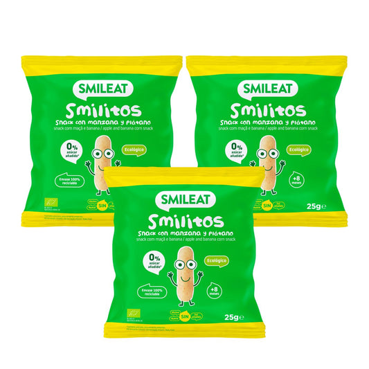 Embalagem de 3 Smilitos, minhocas de maçã e banana, 25g de snack Smileat 