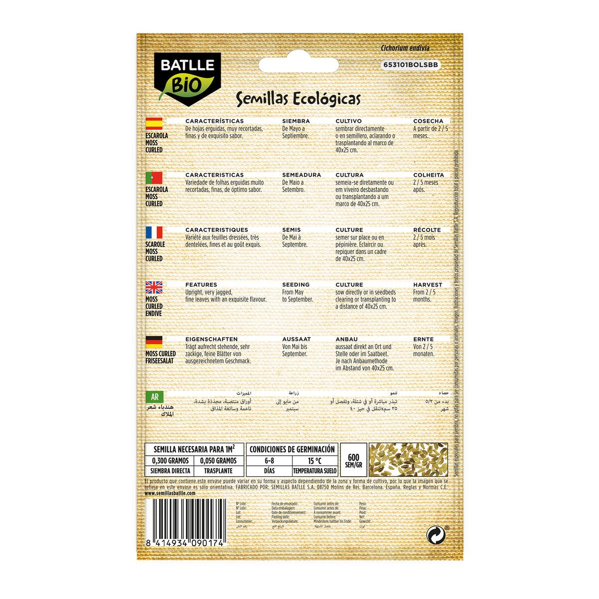 Sementes de endívia onduladas de musgo e cabelo de anjo orgânico Batlle