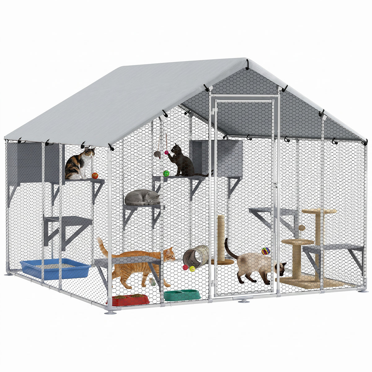 Pawhut Jaula Grande Para Gatos Exterior Con 2 Casitas 240x193x195 Cm Plata_0