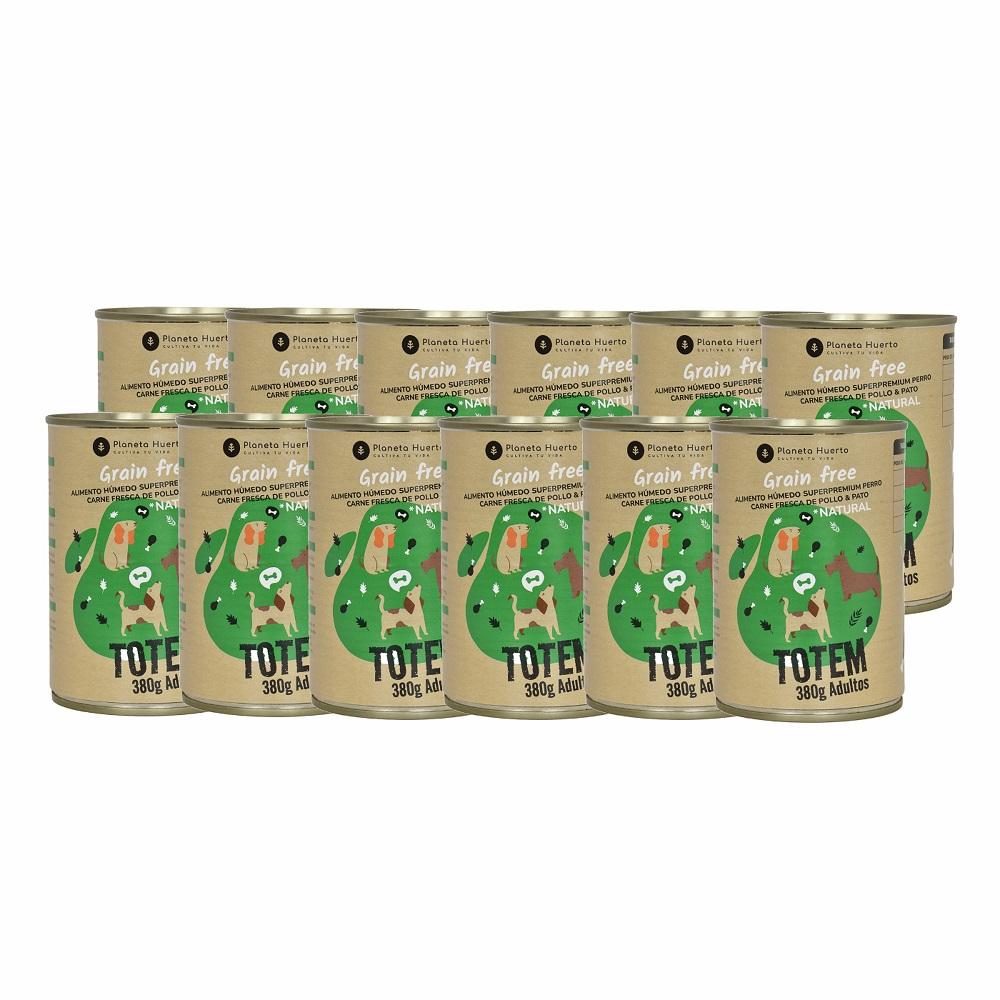 Embalagem de 12 rações húmidas superpremium sem cereais para cães, frango e pato, 380 g, Planeta Huerto