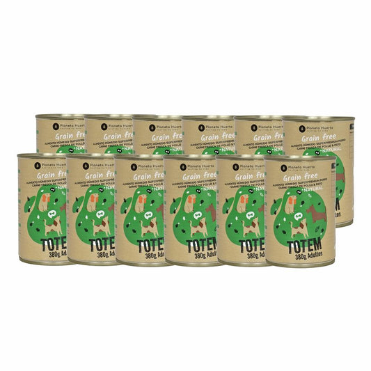 Embalagem de 12 rações húmidas superpremium sem cereais para cães, frango e pato, 380 g, Planeta Huerto
