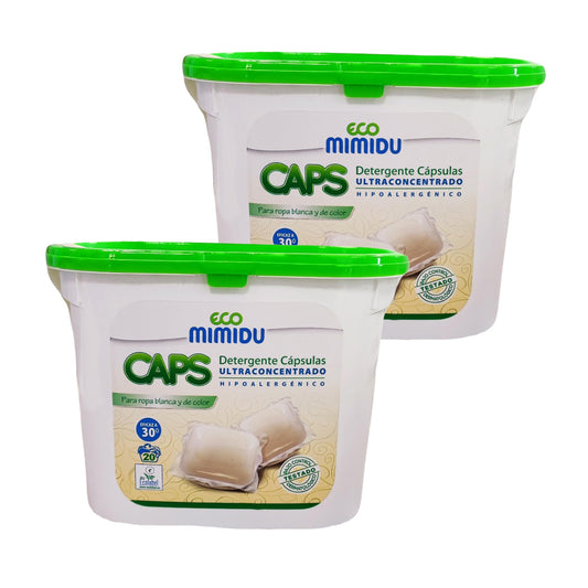 Embalagem de 2 cápsulas de detergente ultraconcentrado Mimidu ECO, 20 doses