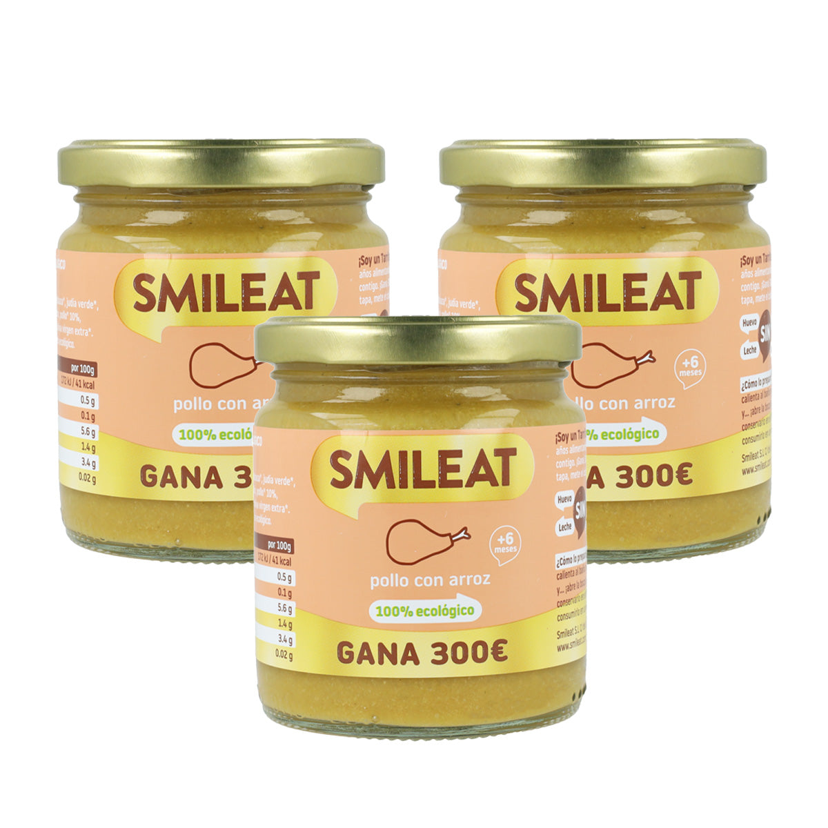 Pack de 3 frascos dourados de frango biológico com arroz +6 meses Smileat 230g