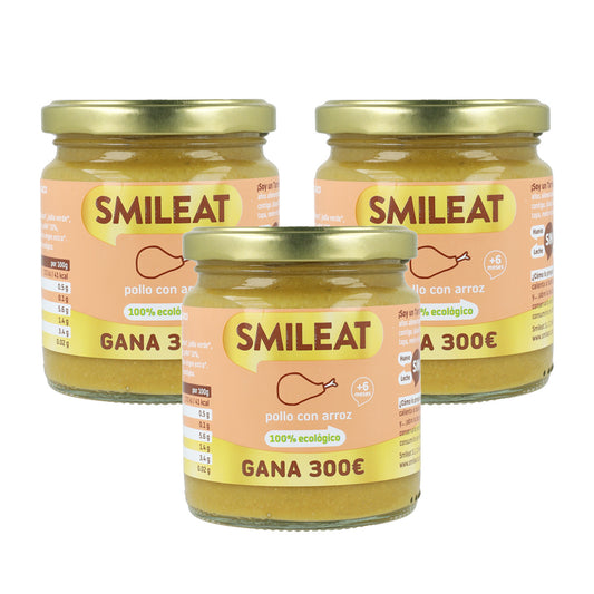 Pack de 3 frascos dourados de frango biológico com arroz +6 meses Smileat 230g