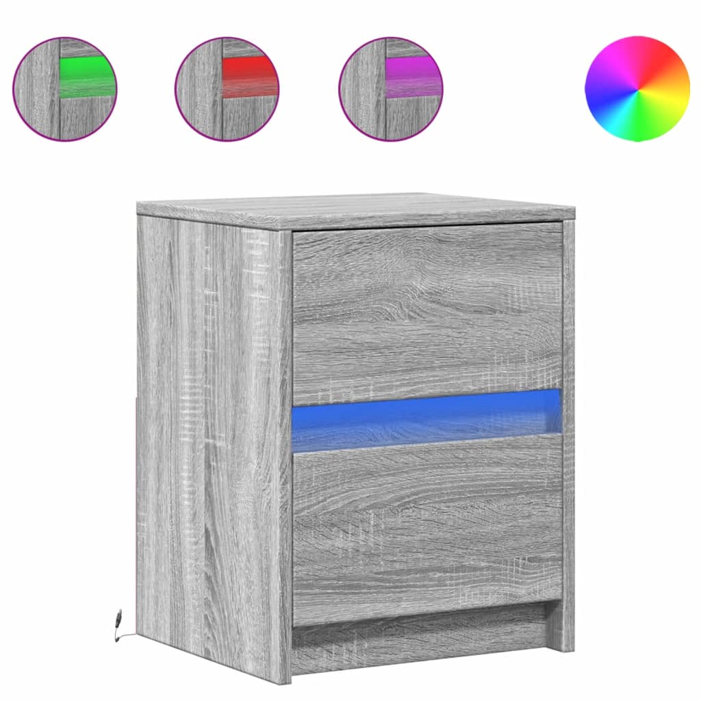 Mesita De Noche Con Luces Led Madera De Ingeniería Gris Sonoma_0