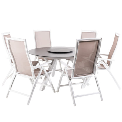 Conjunto De Mesas Y Sillas De Jardín, Redonda 130 Cm, Blanco, Cristal Templado + 6 Sillones Reclinables_0