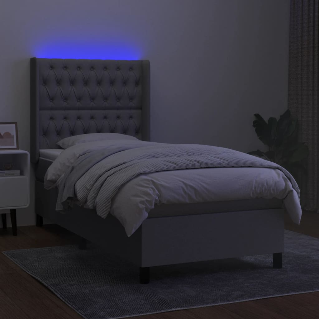 Cama Box Spring Colchón Y Luces Led Tela Gris Claro 100x200 Cm / Vetonek_1