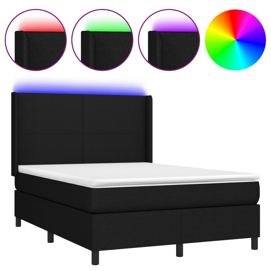 Cama Box Spring Colchón Y Luces Led Tela Negro 140x200 Cm / Vetonek_5