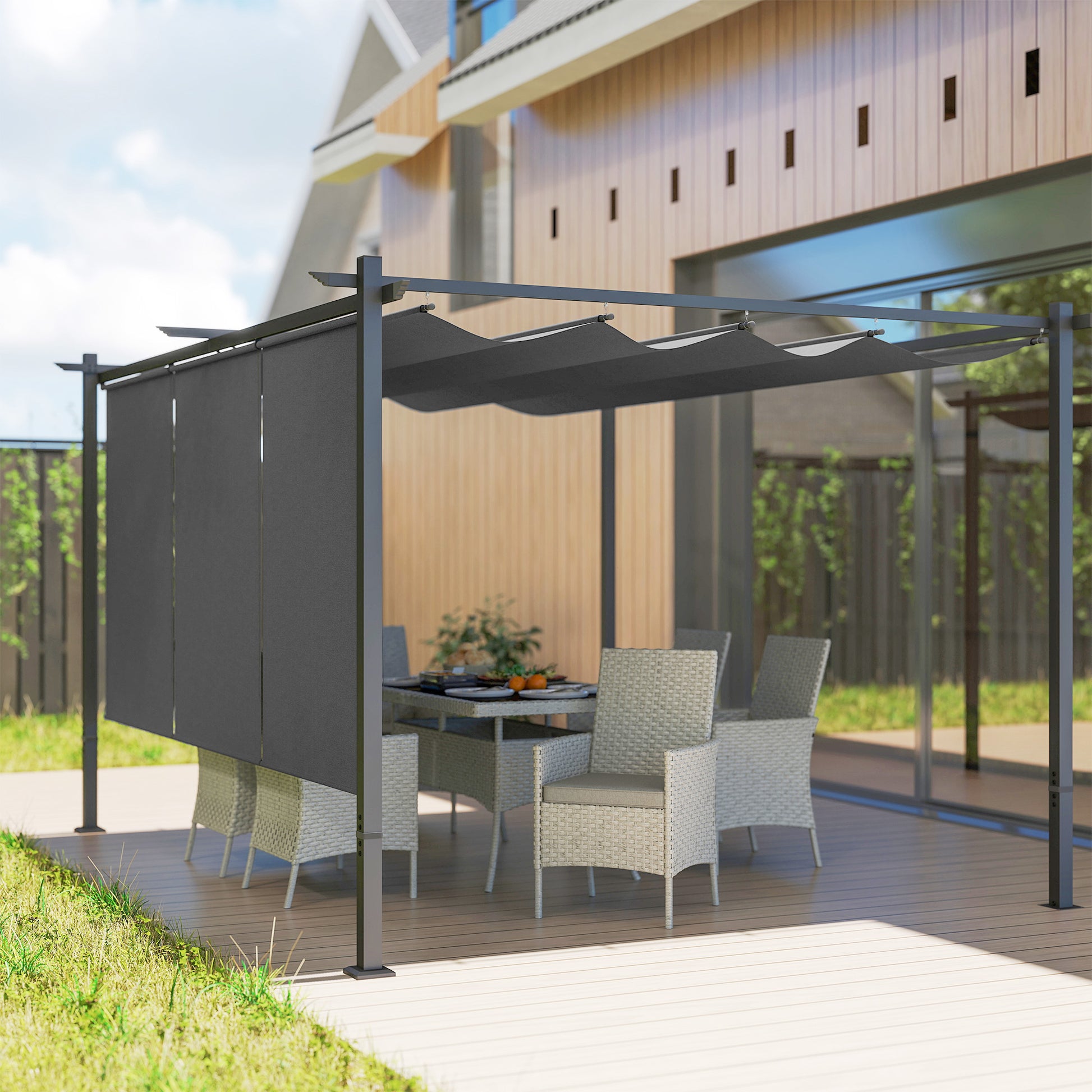 Outsunny Pérgola 4x3 M Con Techo Retráctil Y Laterales Enrollables Gris_3
