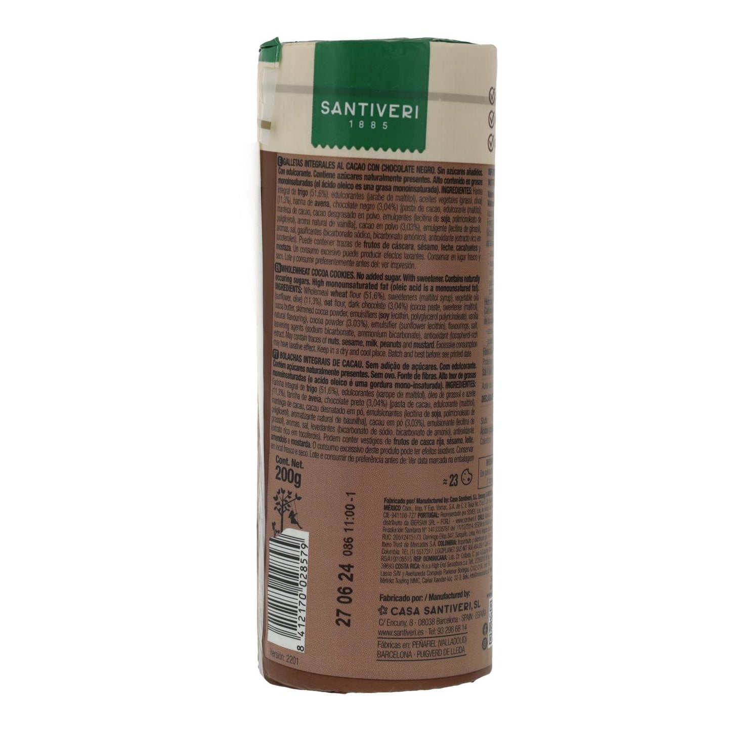 Bolachas Integrais de Cacau Santiveri 0% açúcares 200 g