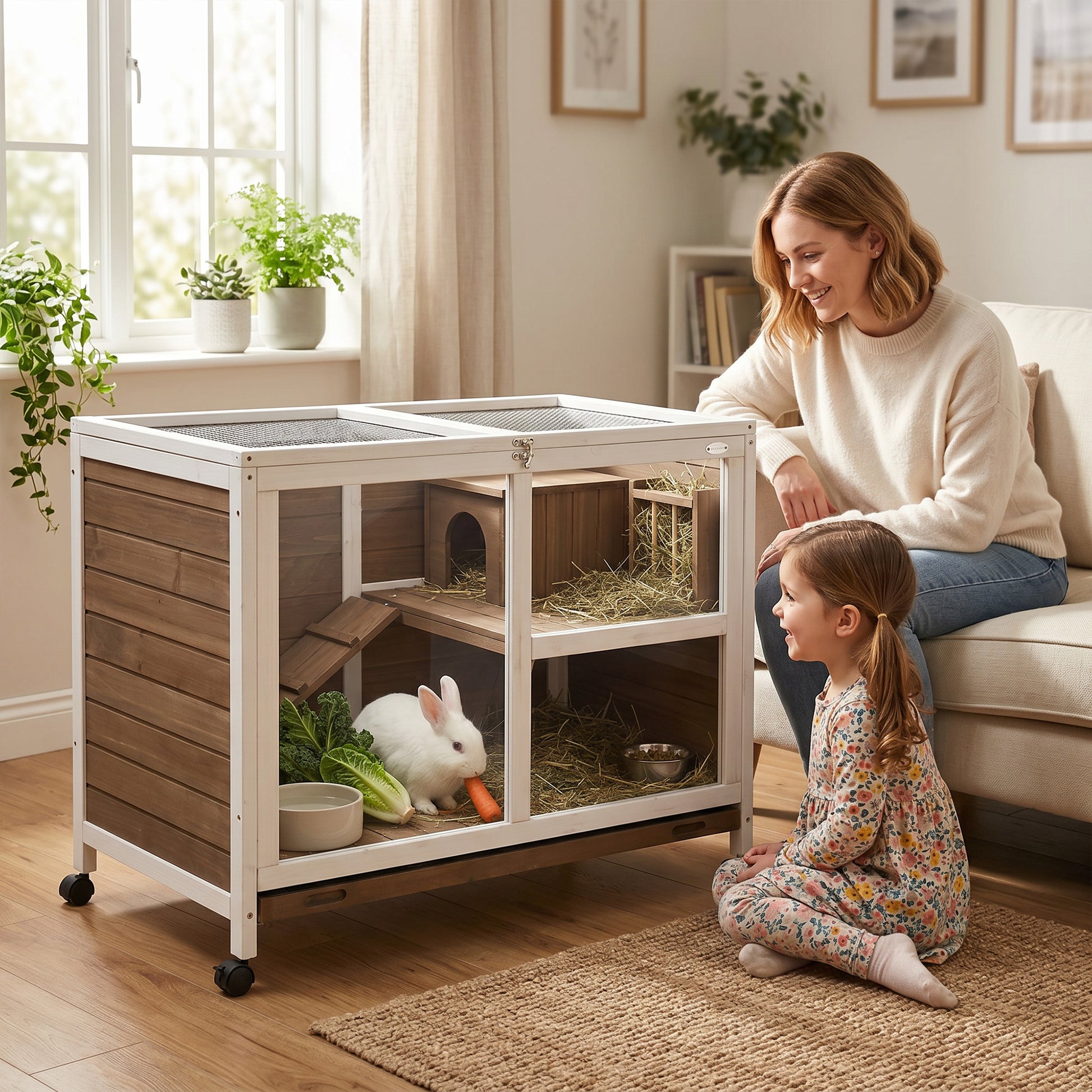 Pawhut Conejera De Madera Con Ruedas 91,5x53,3x73 Cm Techo Abatible Bandeja_1