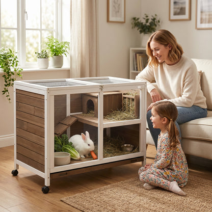 Pawhut Conejera De Madera Con Ruedas 91,5x53,3x73 Cm Techo Abatible Bandeja_1