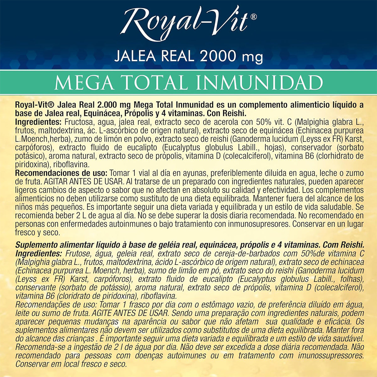 Geleia Real 2000mg Mega Imunidade Total, com Reishi, Própolis e Equinácea Royal Vit 30 ampolas
