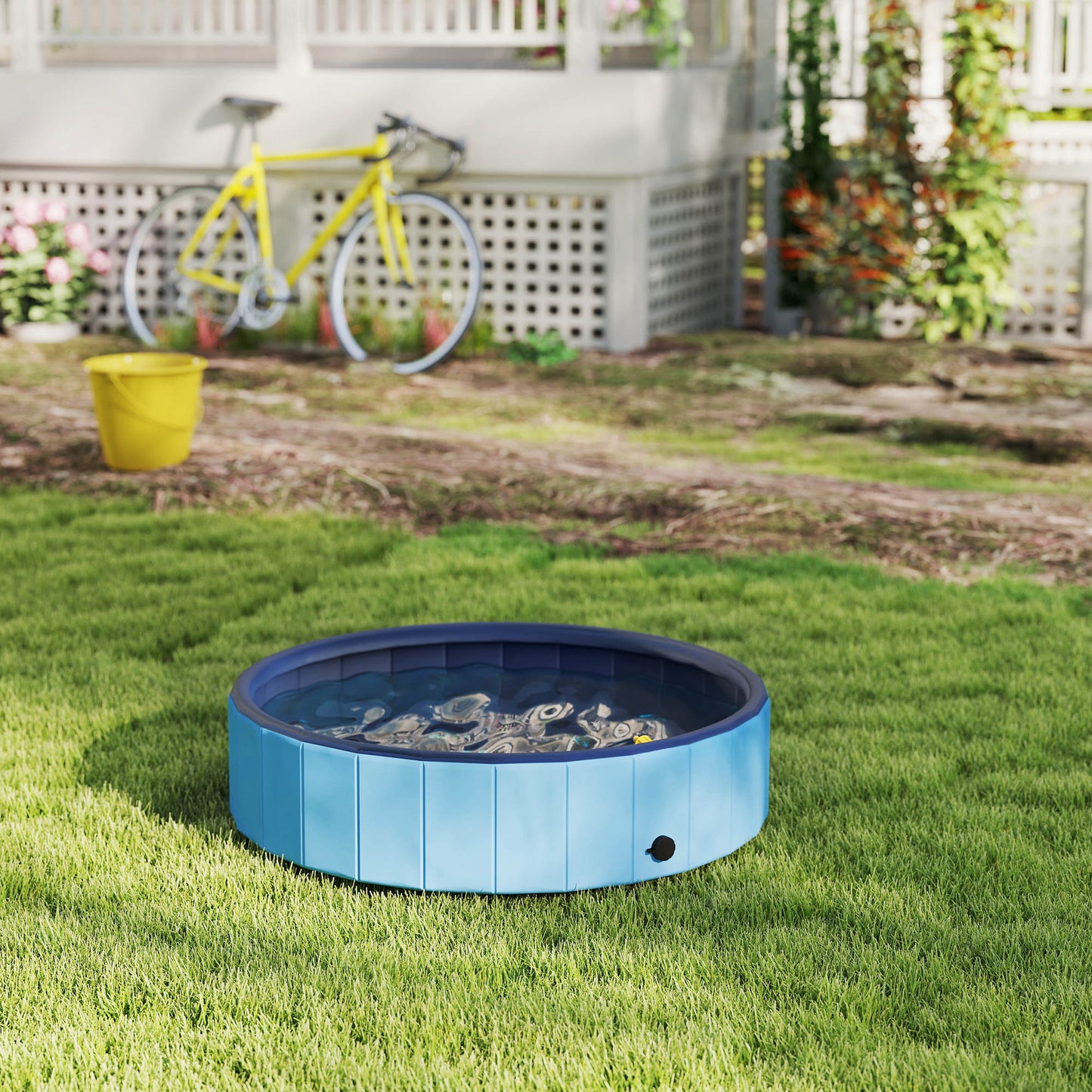 Pawhut Piscina Para Perros Plegable Con Aspersor Antideslizante Resistente Azul_3
