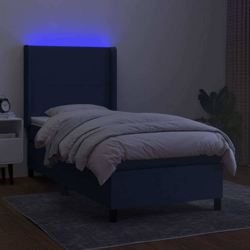 Cama Box Spring Colchón Y Luces Led Tela Azul 90x190 Cm / Vetonek_0