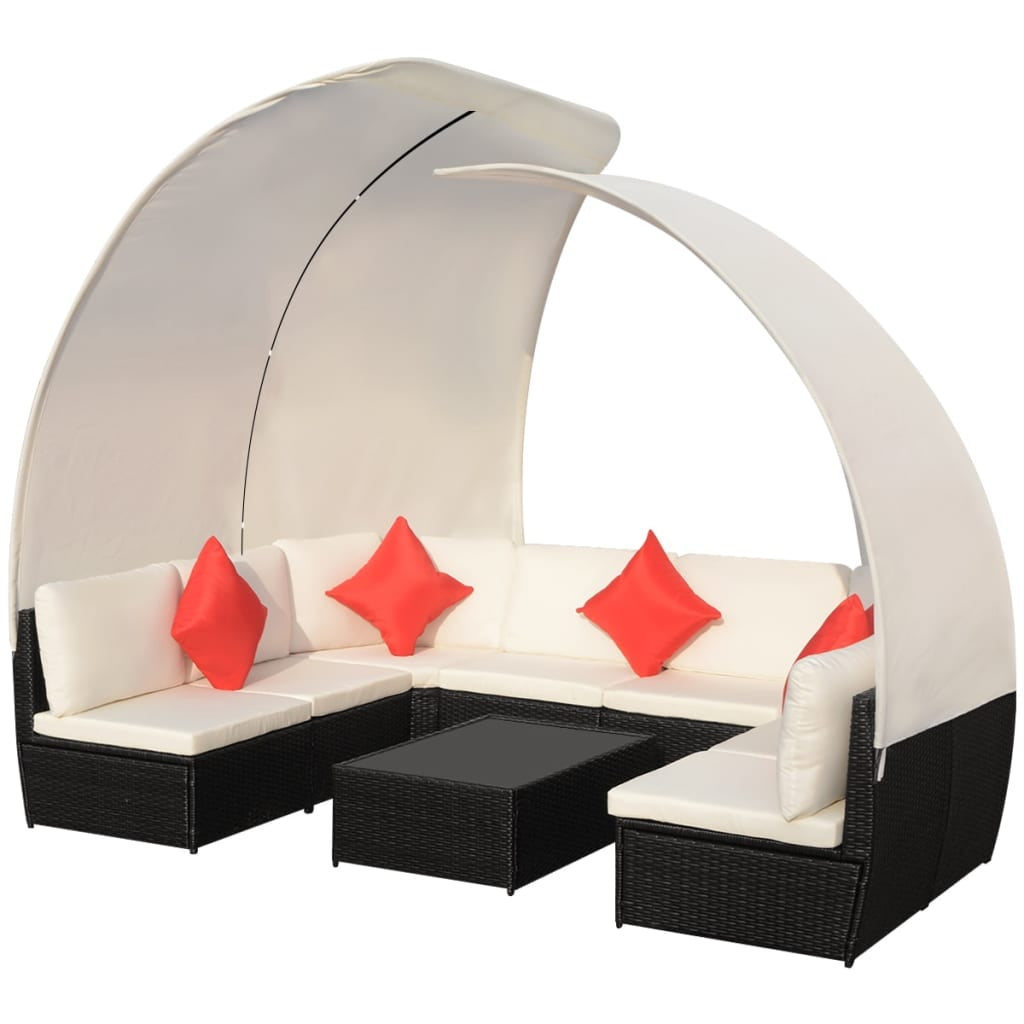 Vidaxl Set Muebles De Jardín 9 Pzas Con Toldos Ratán Sintético Negro_0