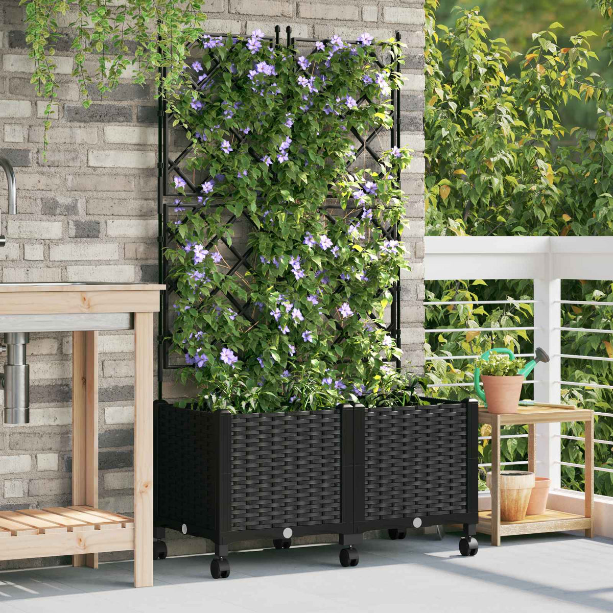 Jardinera Con Enrejado Y Ruedas 2 Uds. Negro 80 X 40 X 149 Cm_1