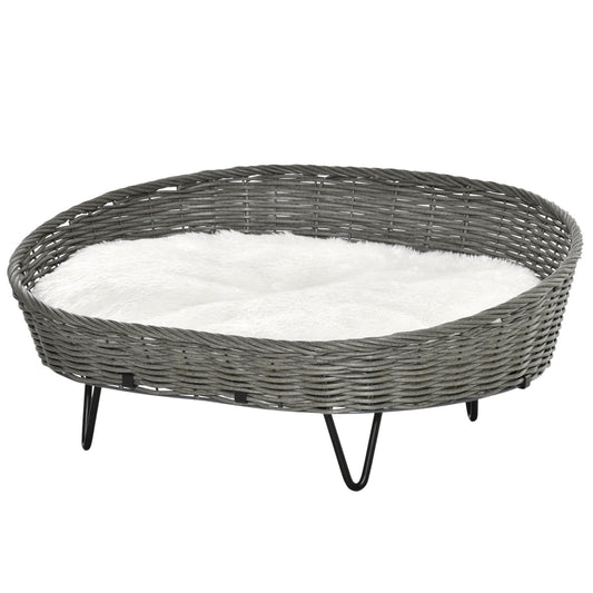 Pawhut Cama Para Perros Gatos De Mimbre Con Cojín Lavable 76x59x32cm Gris Blanco_0