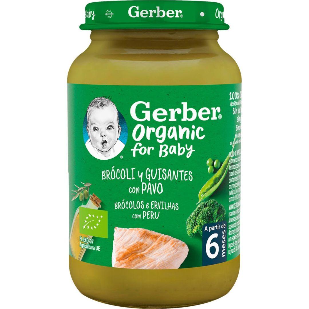 Puré de bebé biológico Gerber com brócolos, ervilhas e peru 190g