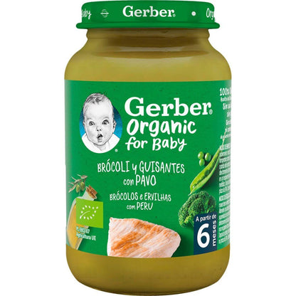 Puré de bebé biológico Gerber com brócolos, ervilhas e peru 190g