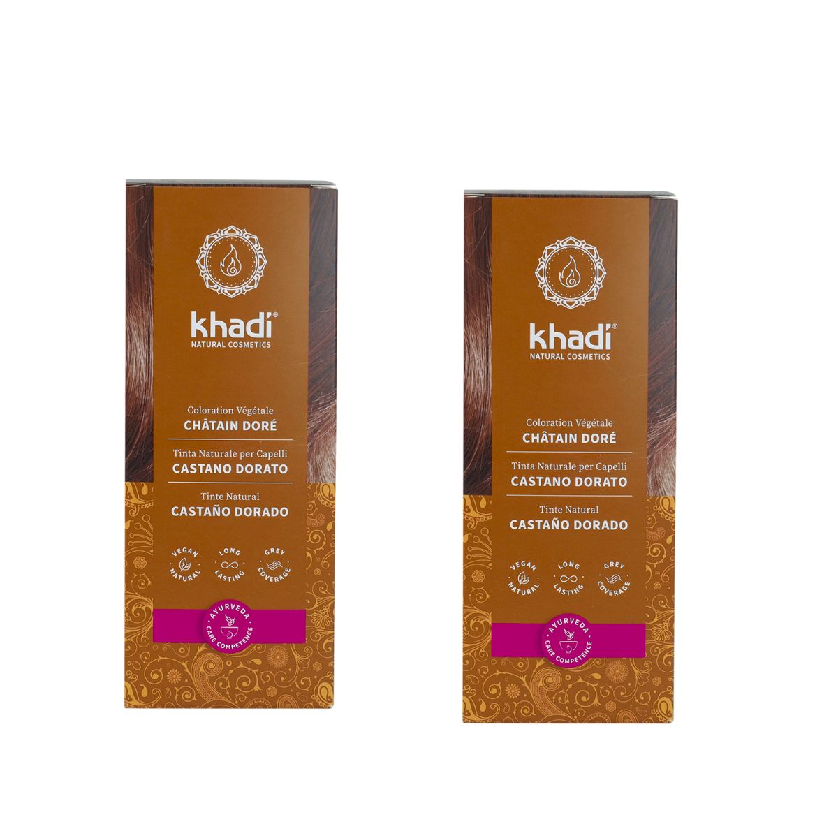 Pack de 2 tinturas de cabelo Khadi castanho dourado natural 100 g