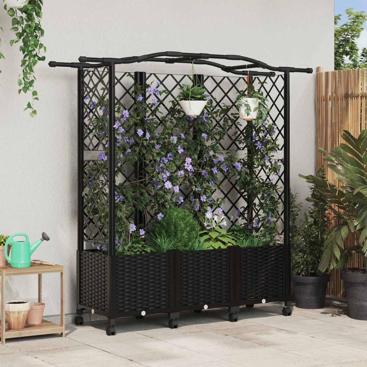 Cama Elevada Con Trellis Y Techo Negro 163 X 40 X 144 Cm Pp_1