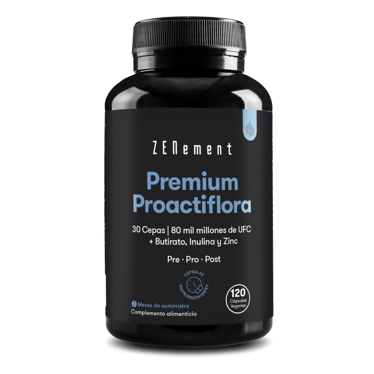 Proactiflora Premium, 30 Variedades | 80 Mil Milhões de UFC + Butirato, Inulina e Zinco, 120 Comprimidos
