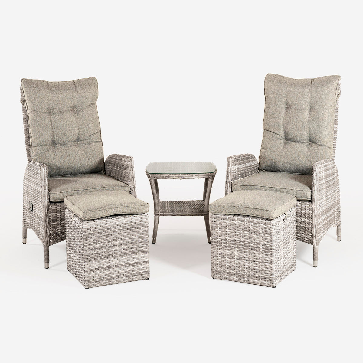 Conjunto Relax Estilo Elegante, Resistente, Aluminio Y Ratán Sintético Plano, Color Gris Claro, Mesa:50x50x55 Sillon:63x67x120 Puff:40x40x49_2