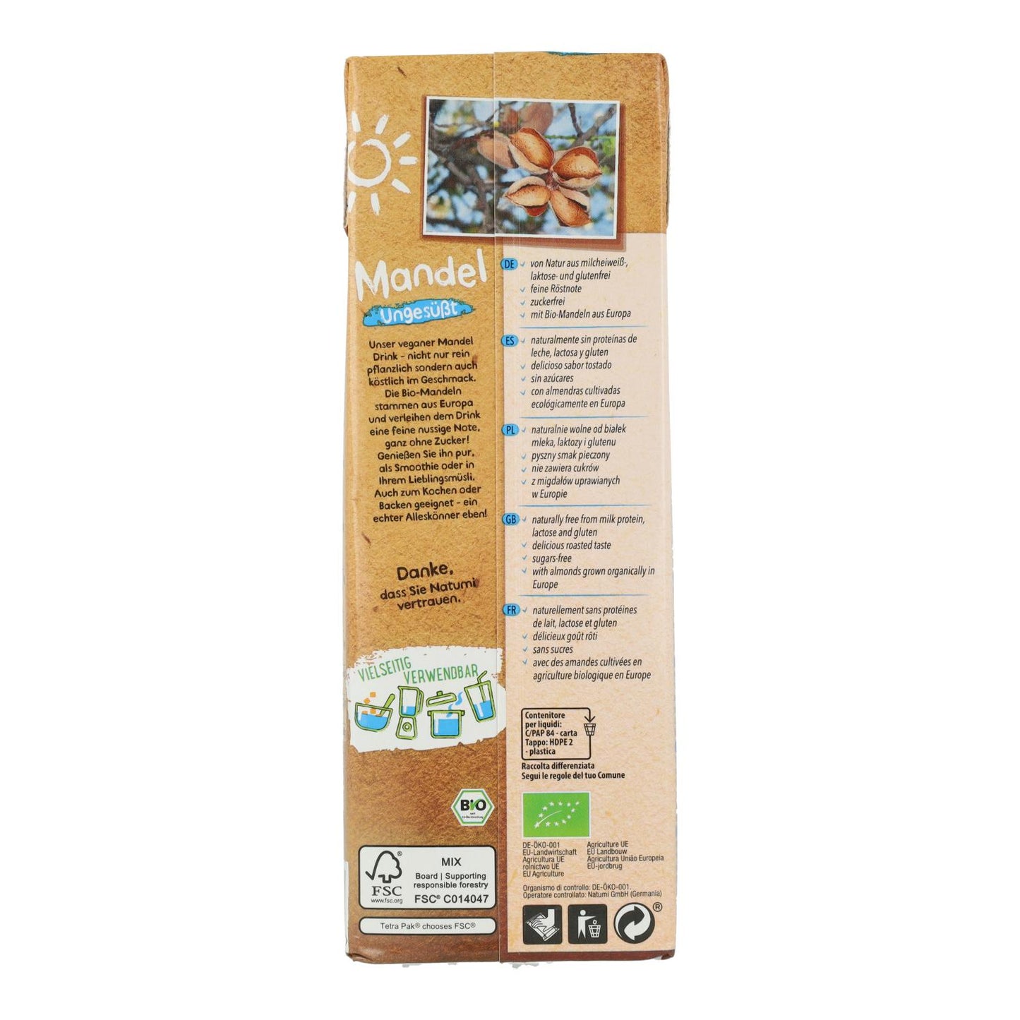 Pack de 6 Bebidas de Amêndoa Biológica Sem Açúcar Natumi 1 L
