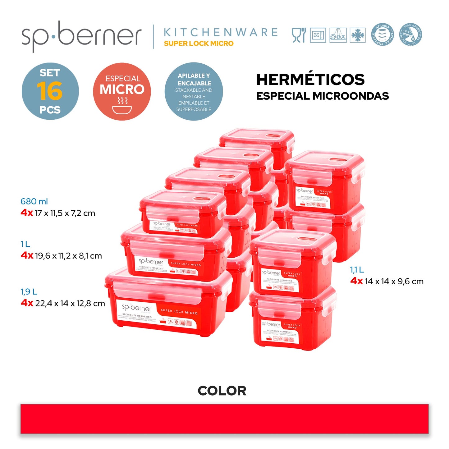 Set De 16 Herméticos Super Lock Micro 4x 0,68-1-1,1-1,9 L, Aptos Para Cocinar Al Vapor En El Microondas, Almacenamiento De Alimento y transporte._2