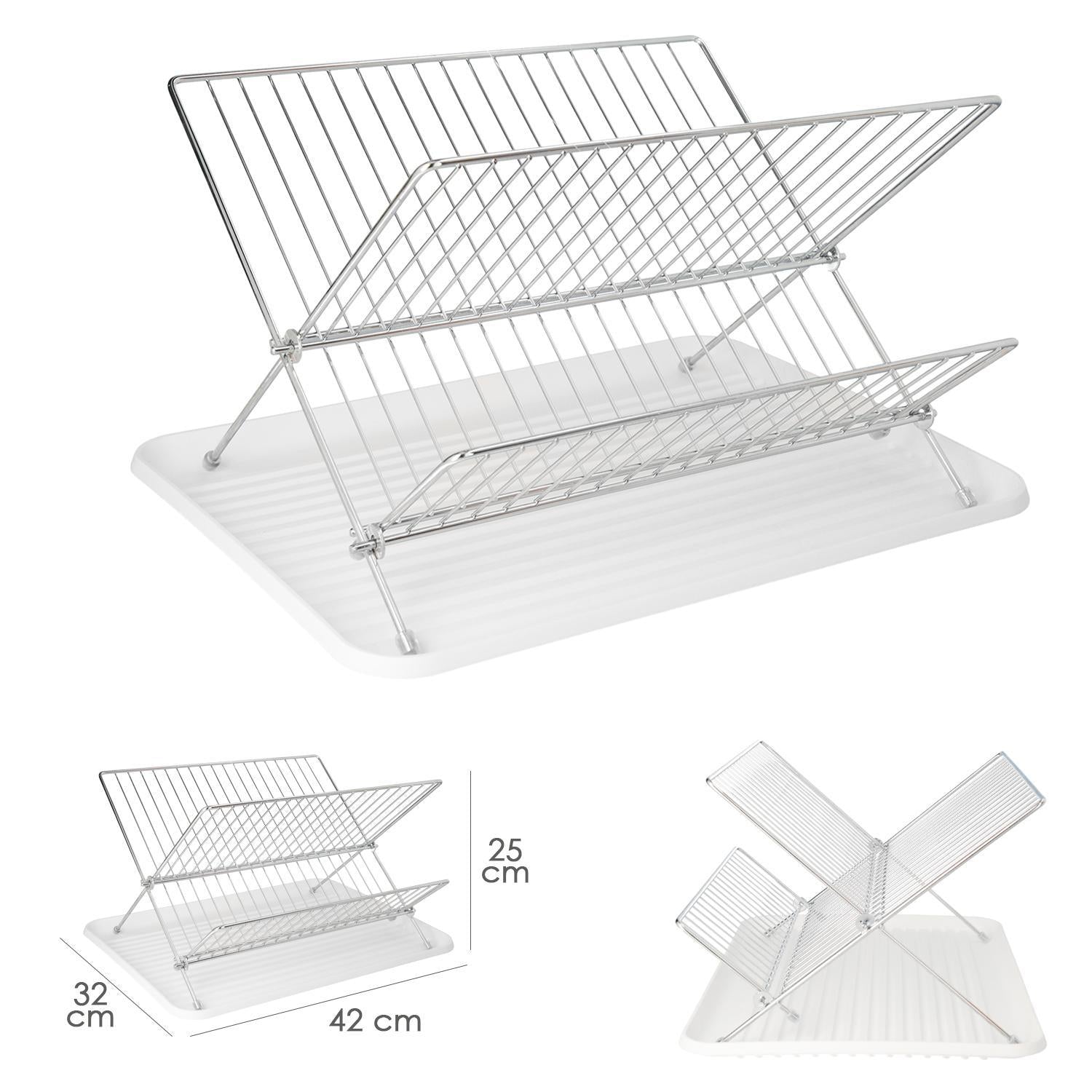 Escurreplatos Plegable Con Rejilla De Acero Cromado Y Bandeja De Secado, 2 Niveles