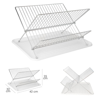 Escurreplatos Plegable Con Rejilla De Acero Cromado Y Bandeja De Secado, 2 Niveles