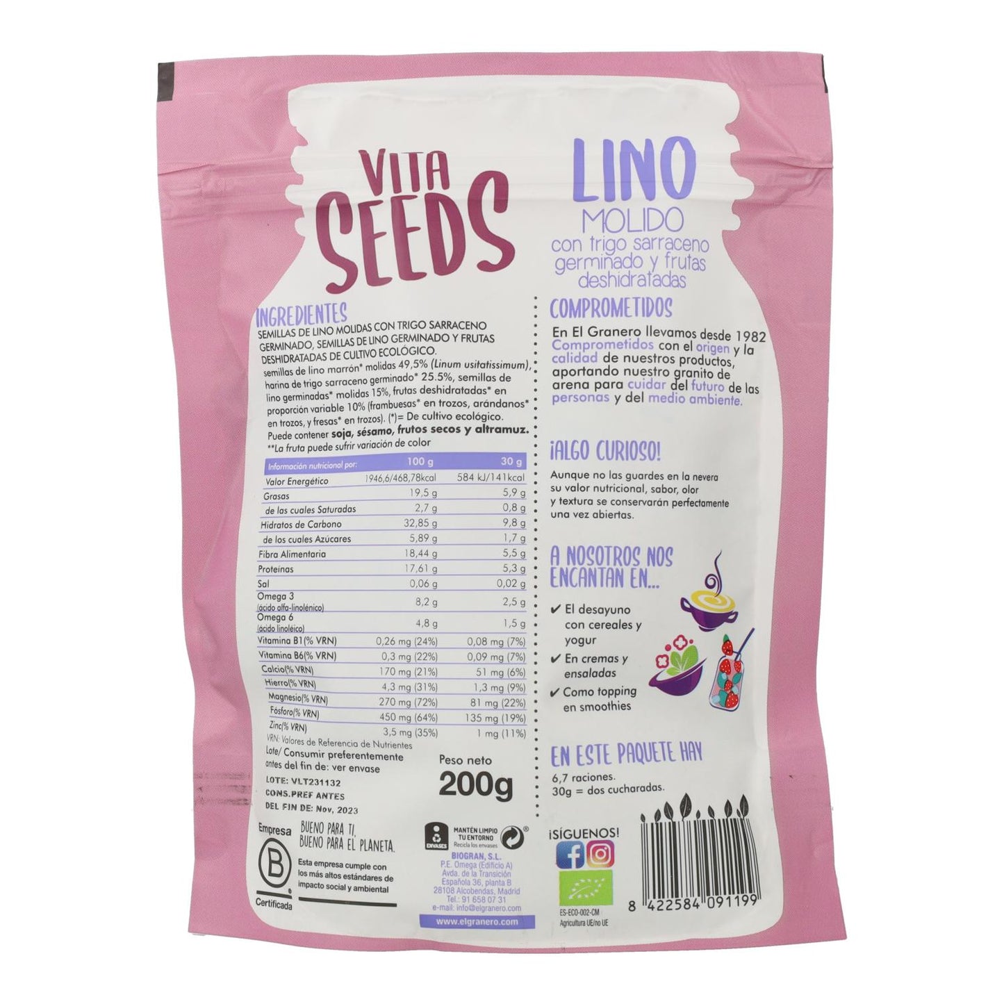 Sementes de Linho Moídas, Trigo Sarraceno, Framboesa, Mirtilo e Morango Vitaseeds Bio El Granero, 200 g 