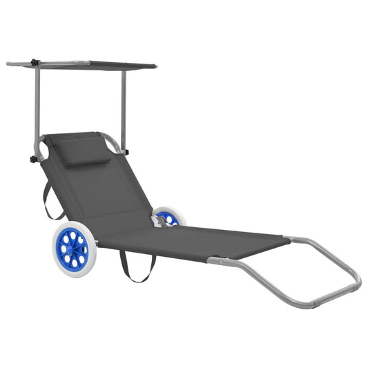 Vidaxl Tumbona Plegable Con Toldo Y Ruedas Acero Gris_0
