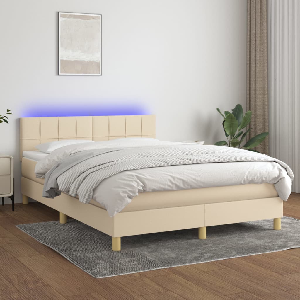 Cama Box Spring Colchón Y Luces Led Tela Crema 140x190 Cm / Vetonek_0