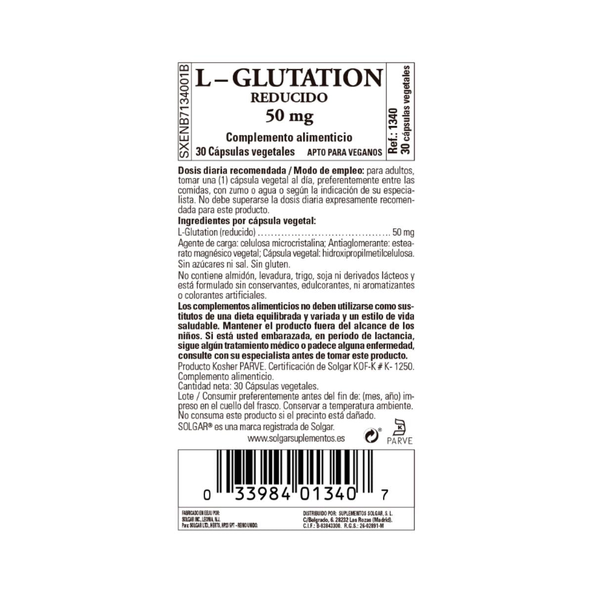 L-Glutationa, 30 cápsulas vegetais de 50 mg