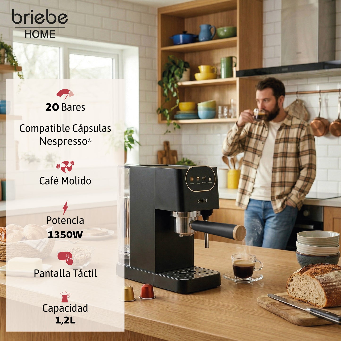 Briebe Nordic Cafetera Espresso 20 Bares Compatible Cápsulas Nespresso Y Café Molido Espumador Leche, Ec1180blk,negro_2