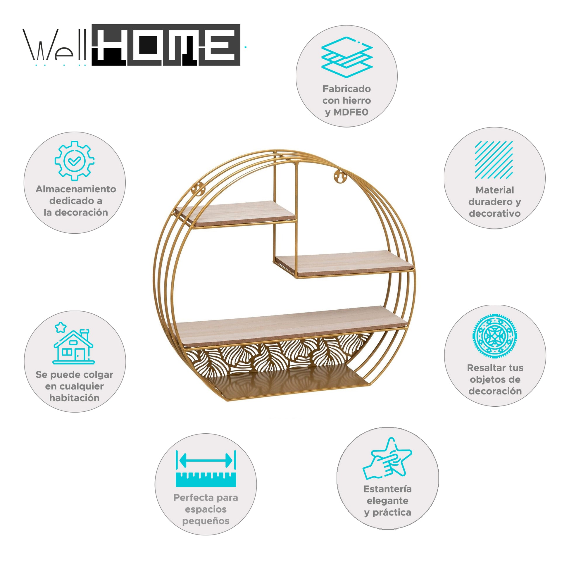 Wellhome Estantería Pared Madera Metal Redonda Oro_1