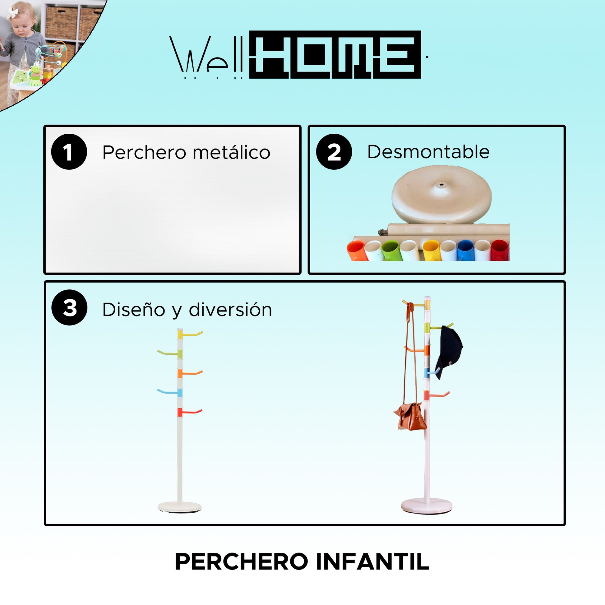 Perchero Infantil Multicolor Desmontable, Estructura Metálica, 30x30x117 Cm_1