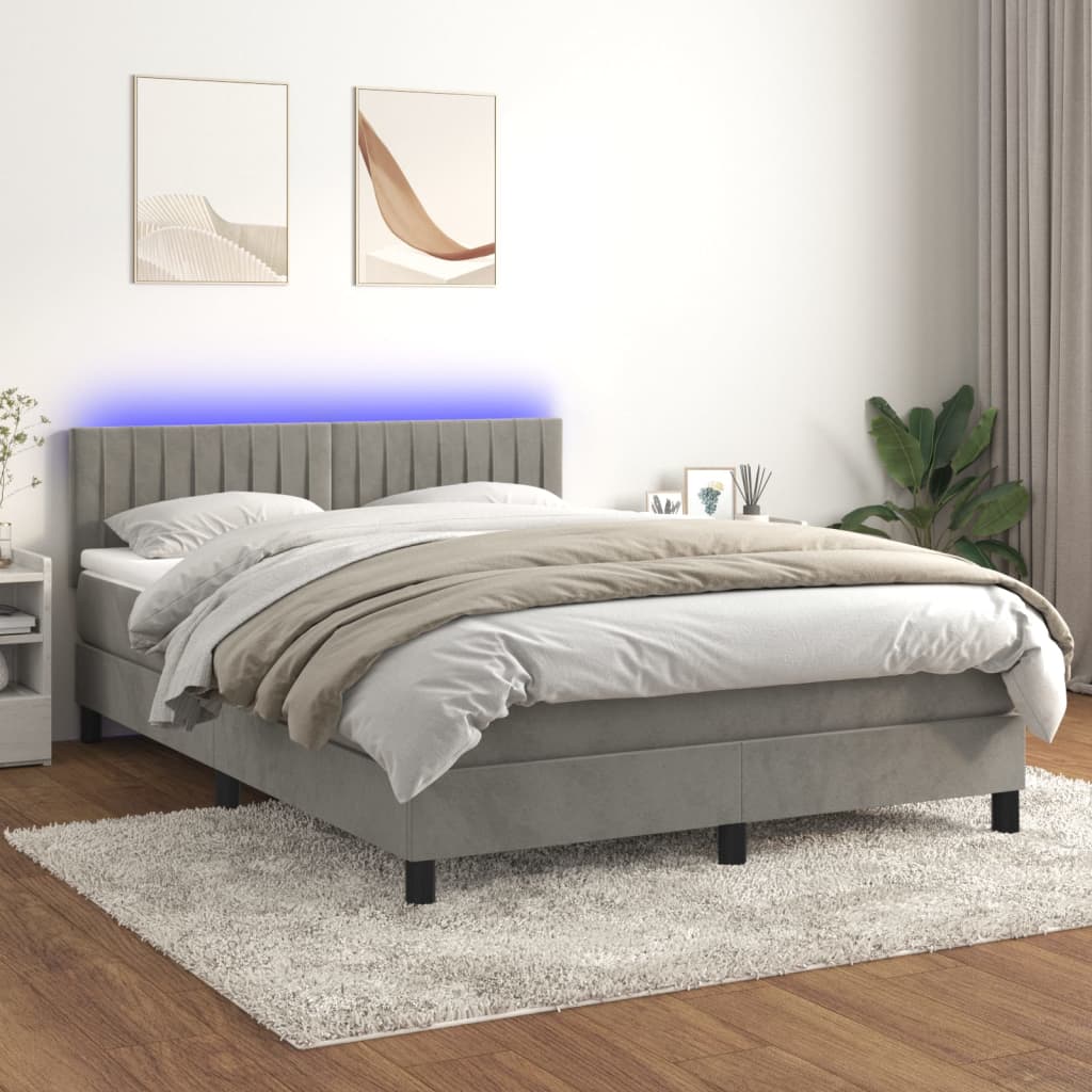 Cama Box Spring Colchón Y Led Terciopelo Gris Claro 140x190 Cm / Vetonek_4