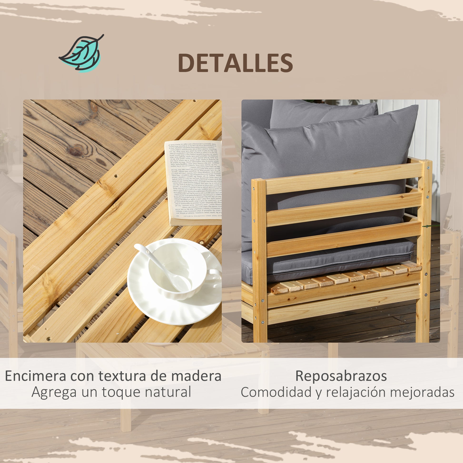 Outsunny Conjunto De Muebles De Jardín De Madera 5 Piezas Con 4 Sofás Y Mesa_5