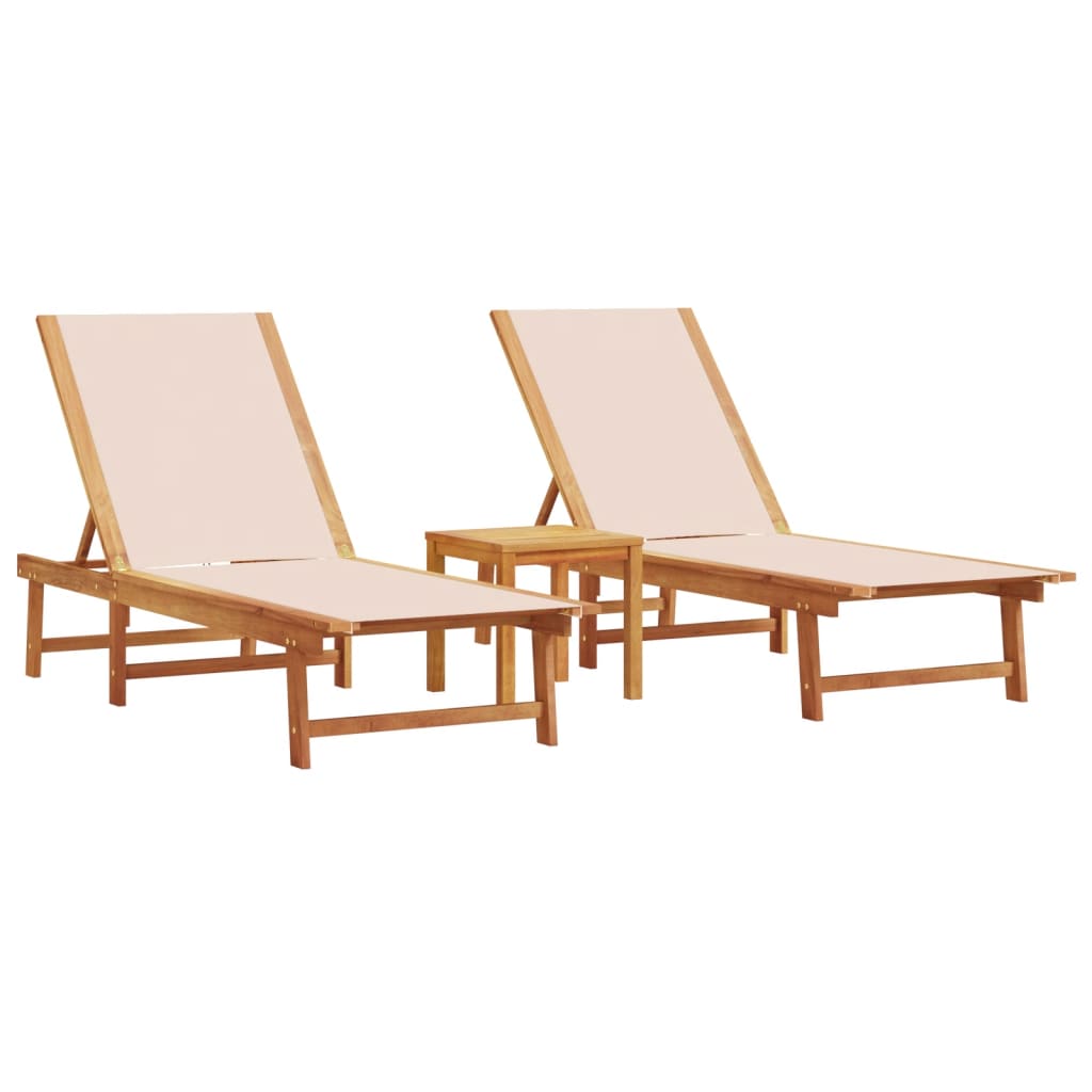 Tumbonas 2 Uds Con Mesa Madera Maciza Acacia Y Textileno Crema / Vetonek_4
